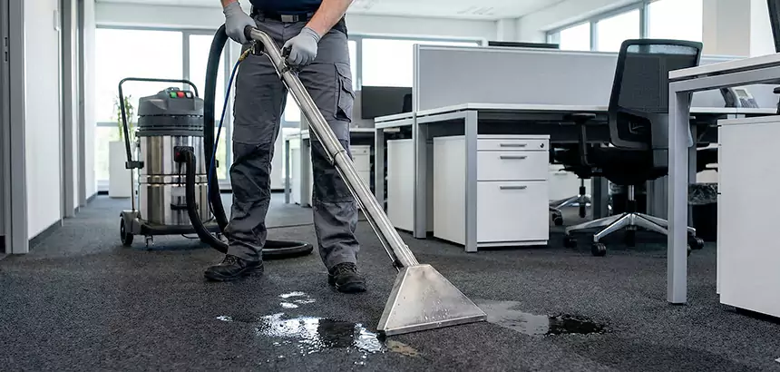 Technician extracting water from wet commercial carpet using a professional extraction wand.